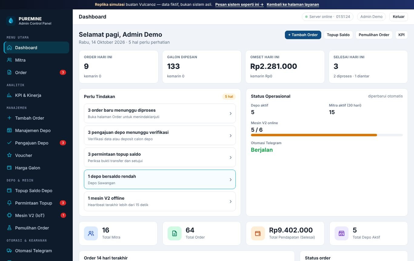 Tampilan Puremine Admin Control Panel — Replika simulasi · sistem order, depo & mesin IoT
